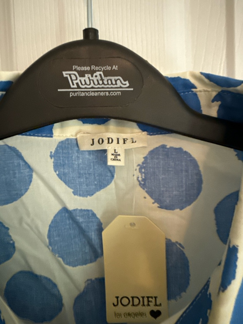 JODIFL White Shirt with Bold Blue Polka Dots and Ruffle Sleeves - Picture 3 of 3